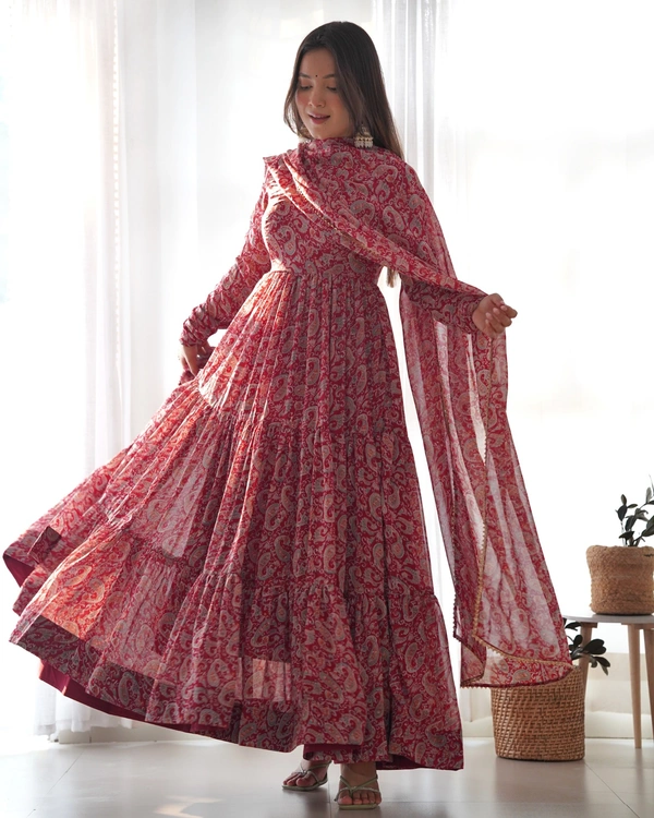 Azorte Fashion Buy Premium Kalamkari Anarkali Set – Fox Georgette with Dupatta & Pants - XS (34)