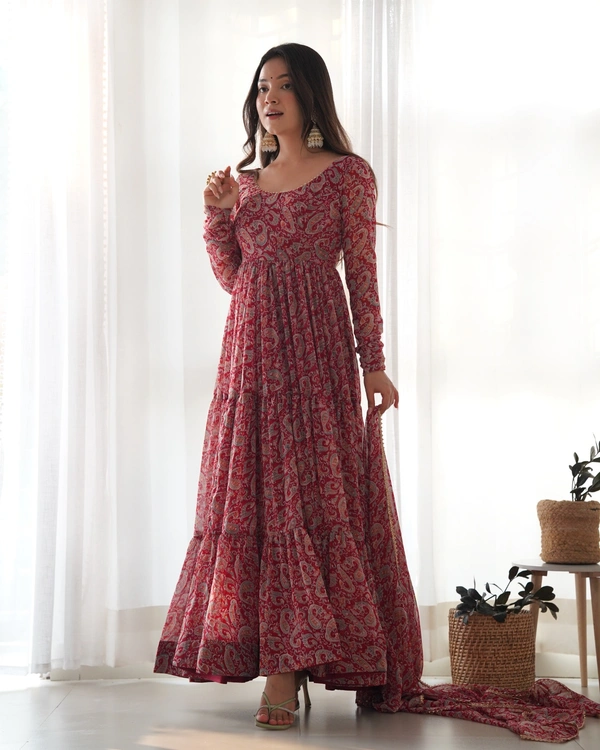 Azorte Fashion Buy Premium Kalamkari Anarkali Set – Fox Georgette with Dupatta & Pants - XS (34)
