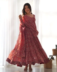 Azorte Fashion Buy Premium Kalamkari Anarkali Set – Fox Georgette with Dupatta & Pants - XS (34)