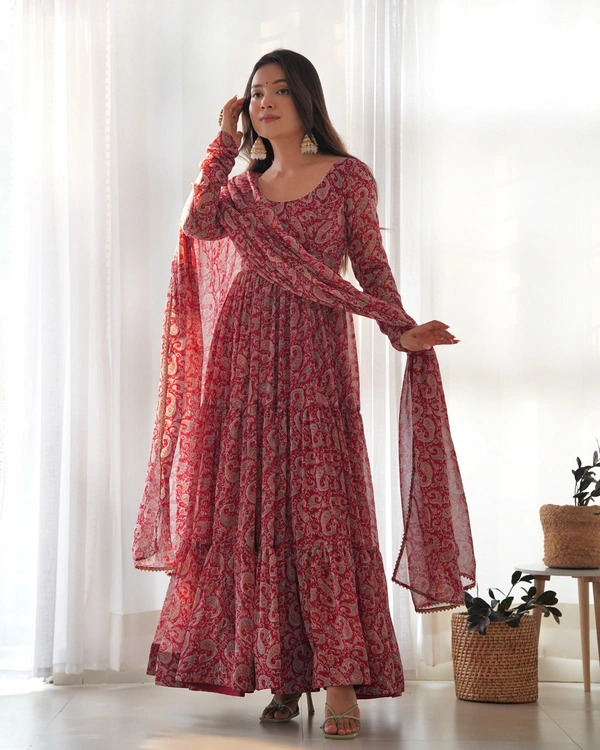 Azorte Fashion Buy Premium Kalamkari Anarkali Set – Fox Georgette with Dupatta & Pants - XS (34)