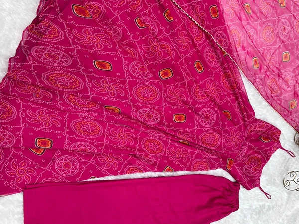 Azorte Fashion Buy Designer Chiffon Bandhej Flair Gown Set – Fully Stitched & Ready to Wear - Pink, L (40)