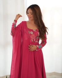 Azorte Fashion Pure Soft Organza Silk Anarkali Suit Set – Elegant Badla Jari Work & Gota Patti Dupatta - Pink, S (36)
