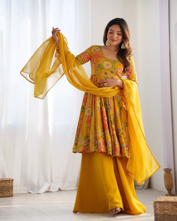 Azorte Fashion Elegant Roman Silk Chanderi Kediya Kurta Set – 4m Flair, Dupatta & Palazzo - Buddha Gold, M (38)