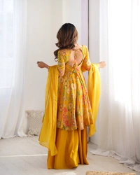 Azorte Fashion Elegant Roman Silk Chanderi Kediya Kurta Set – 4m Flair, Dupatta & Palazzo - Buddha Gold, M (38)