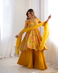 Azorte Fashion Elegant Roman Silk Chanderi Kediya Kurta Set – 4m Flair, Dupatta & Palazzo - Buddha Gold, M (38)