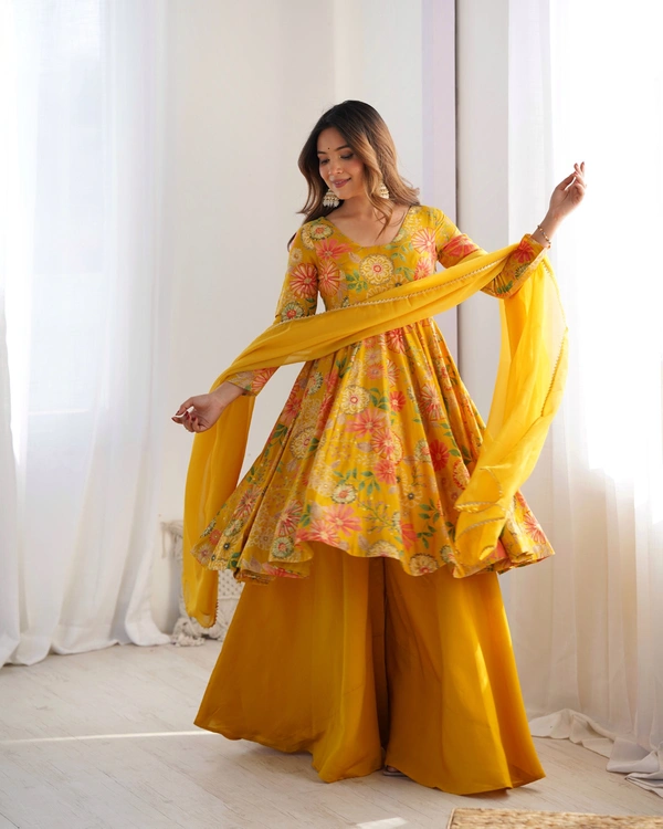 Azorte Fashion Elegant Roman Silk Chanderi Kediya Kurta Set – 4m Flair, Dupatta & Palazzo - Buddha Gold, M (38)