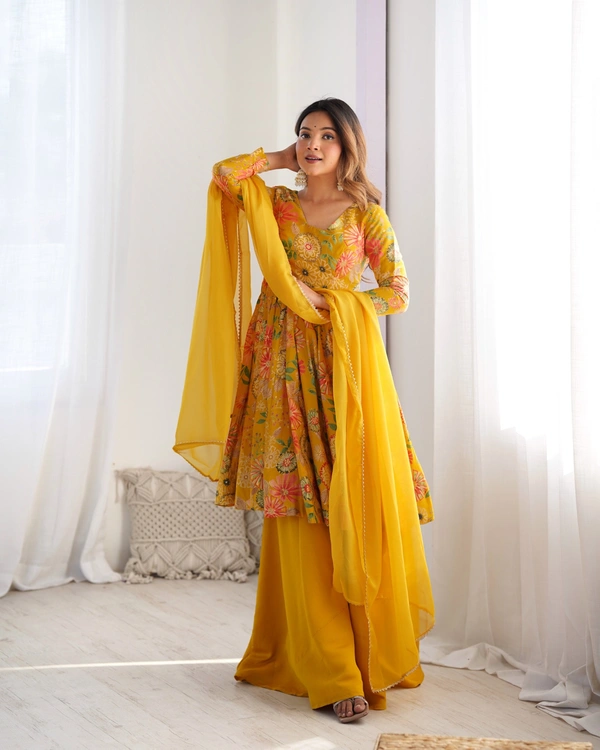 Azorte Fashion Elegant Roman Silk Chanderi Kediya Kurta Set – 4m Flair, Dupatta & Palazzo - Buddha Gold, M (38)