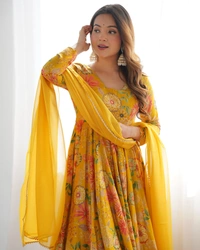 Azorte Fashion Elegant Roman Silk Chanderi Kediya Kurta Set – 4m Flair, Dupatta & Palazzo - Buddha Gold, M (38)