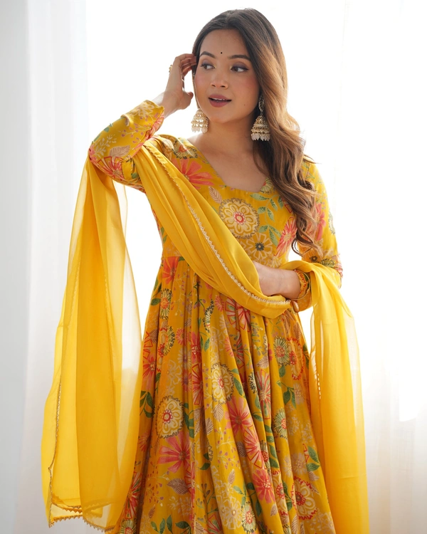 Azorte Fashion Elegant Roman Silk Chanderi Kediya Kurta Set – 4m Flair, Dupatta & Palazzo - Buddha Gold, M (38)