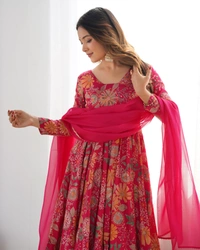Azorte Fashion Elegant Roman Silk Chanderi Kediya Kurta Set – 4m Flair, Dupatta & Palazzo - Pink, M (38)