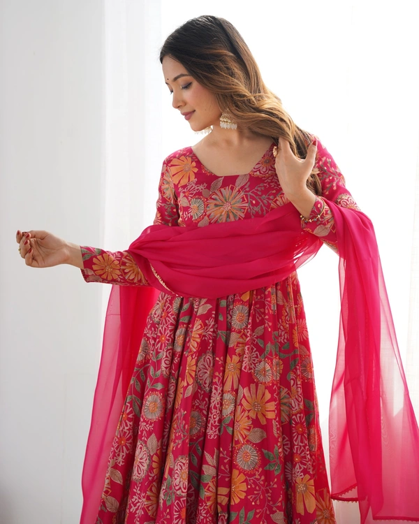 Azorte Fashion Elegant Roman Silk Chanderi Kediya Kurta Set – 4m Flair, Dupatta & Palazzo - Pink, M (38)