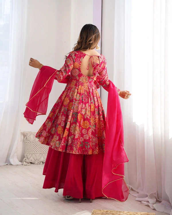 Azorte Fashion Elegant Roman Silk Chanderi Kediya Kurta Set – 4m Flair, Dupatta & Palazzo - Pink, M (38)