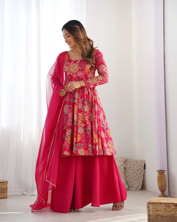 Azorte Fashion Elegant Roman Silk Chanderi Kediya Kurta Set – 4m Flair, Dupatta & Palazzo - Pink, M (38)