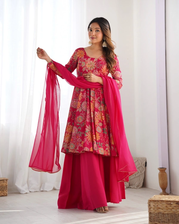 Azorte Fashion Elegant Roman Silk Chanderi Kediya Kurta Set – 4m Flair, Dupatta & Palazzo - Pink, M (38)