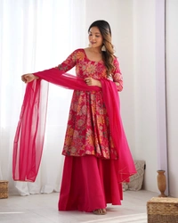 Azorte Fashion Elegant Roman Silk Chanderi Kediya Kurta Set – 4m Flair, Dupatta & Palazzo - Pink, M (38)
