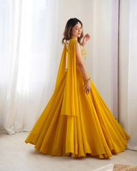 Azorte Fashion Luxury Fox Georgette Blooming Lehenga Set – Embroidered Blouse & Belt Dupatta - Yellow, S (36), Fully Stitched Blouse