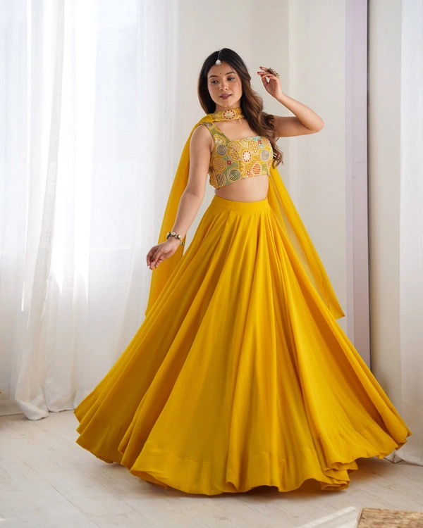 Azorte Fashion Luxury Fox Georgette Blooming Lehenga Set – Embroidered Blouse & Belt Dupatta - Yellow, S (36), Fully Stitched Blouse