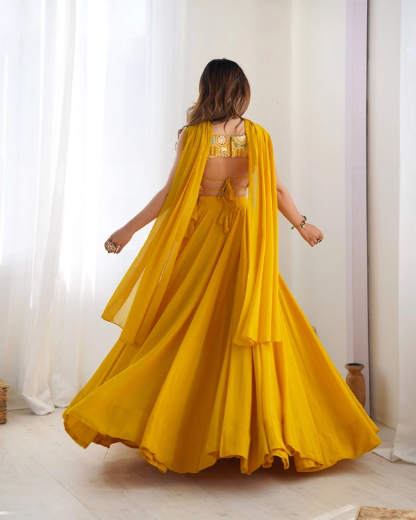 Azorte Fashion Luxury Fox Georgette Blooming Lehenga Set – Embroidered Blouse & Belt Dupatta - Yellow, S (36), Fully Stitched Blouse