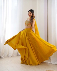 Azorte Fashion Luxury Fox Georgette Blooming Lehenga Set – Embroidered Blouse & Belt Dupatta - Yellow, S (36), Fully Stitched Blouse