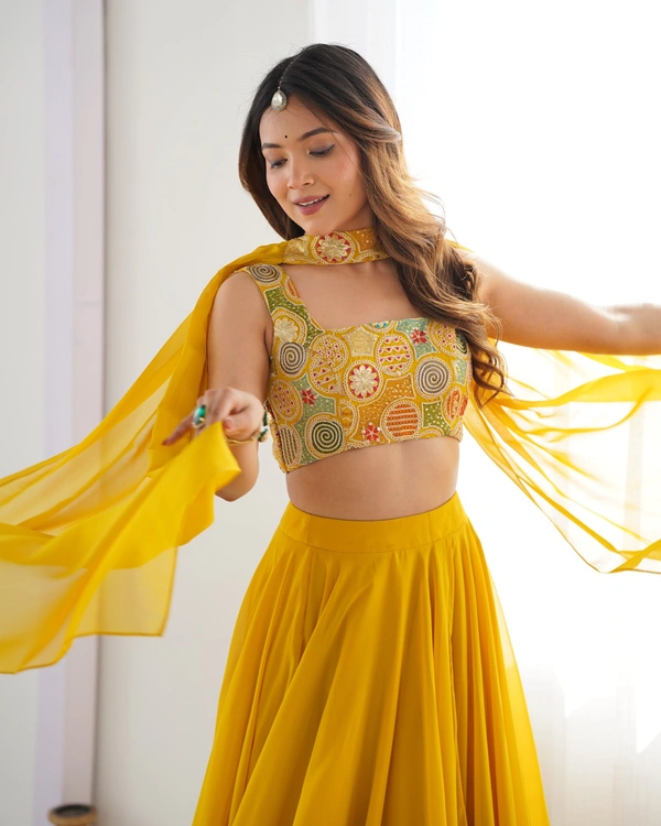Azorte Fashion Luxury Fox Georgette Blooming Lehenga Set – Embroidered Blouse & Belt Dupatta - Yellow, S (36), Fully Stitched Blouse