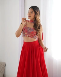 Azorte Fashion Luxury 8m Flair Fox Georgette Blooming Lehenga Set – Embroidered Blouse & Belt Dupatta - RED, XS (34), Fully Stitched Blouse