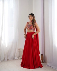 Azorte Fashion Luxury 8m Flair Fox Georgette Blooming Lehenga Set – Embroidered Blouse & Belt Dupatta - RED, S (36), Fully Stitched Blouse
