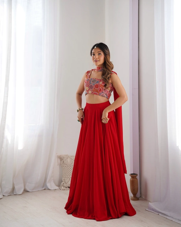 Azorte Fashion Luxury 8m Flair Fox Georgette Blooming Lehenga Set – Embroidered Blouse & Belt Dupatta - RED, S (36), Fully Stitched Blouse