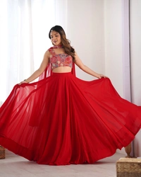 Azorte Fashion Luxury 8m Flair Fox Georgette Blooming Lehenga Set – Embroidered Blouse & Belt Dupatta - RED, S (36), Fully Stitched Blouse