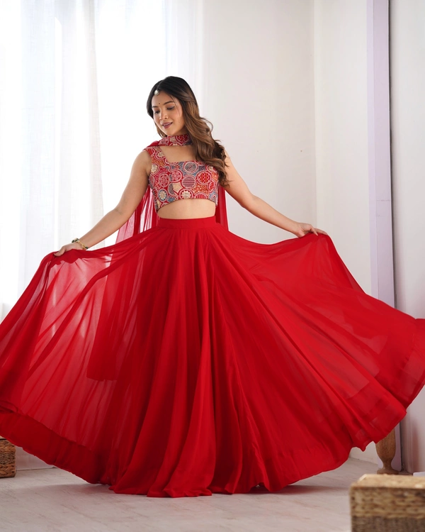 Azorte Fashion Luxury 8m Flair Fox Georgette Blooming Lehenga Set – Embroidered Blouse & Belt Dupatta - RED, S (36), Fully Stitched Blouse