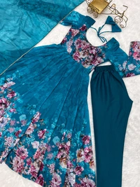 Azorte Fashion Elegant Organza Silk Kali-Cut Anarkali Set with Dupatta & Pant – Festive & Wedding Wear - Chathams Blue, XS (34)