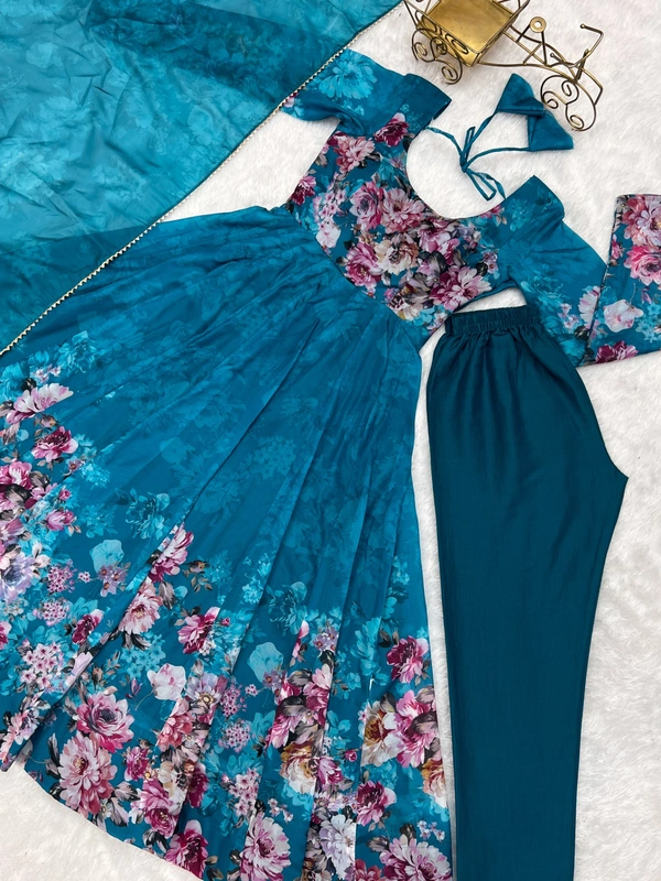 Azorte Fashion Elegant Organza Silk Kali-Cut Anarkali Set with Dupatta & Pant – Festive & Wedding Wear - Chathams Blue, XS (34)