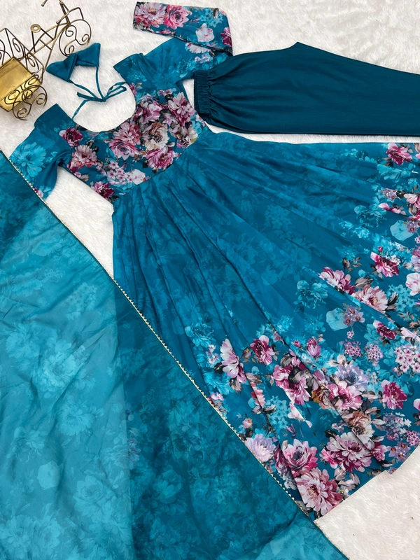 Azorte Fashion Elegant Organza Silk Kali-Cut Anarkali Set with Dupatta & Pant – Festive & Wedding Wear - Chathams Blue, XS (34)