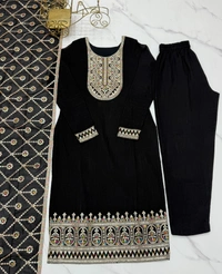 Azorte Fashion Buy Pure Vichitra Silk Kurta Set with Embroidered Dupatta – Elegant & Ready to Wear - Black, XXL (44)