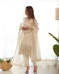 Azorte Fashion Buy Pure Chinon Silk Kurta Set with Embroidered Dupatta – Elegant & Ready to Wear - White, XS (34)
