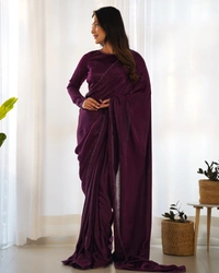 Azorte Fashion Premium Marble Velvet Pre-Draped Saree with Stitched Blouse – Elegant & Ready to Wear - Cocoa Bean, L (40), Stitched Blouse