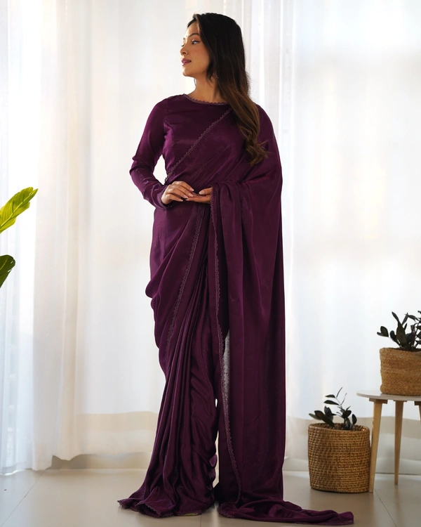 Azorte Fashion Premium Marble Velvet Pre-Draped Saree with Stitched Blouse – Elegant & Ready to Wear - Cocoa Bean, L (40), Stitched Blouse