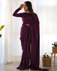 Azorte Fashion Premium Marble Velvet Pre-Draped Saree with Stitched Blouse – Elegant & Ready to Wear - Cocoa Bean, L (40), Stitched Blouse
