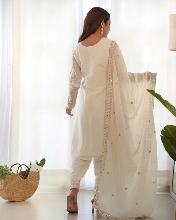 Azorte Fashion Buy Pure Chinon Silk Kurta Set with Embroidered Dupatta – Elegant & Ready to Wear - White, XS (34)