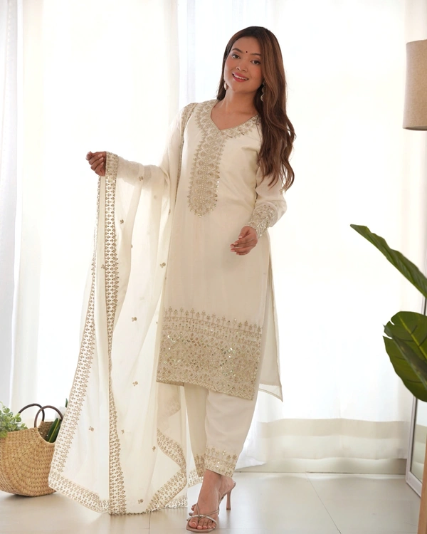 Azorte Fashion Buy Pure Chinon Silk Kurta Set with Embroidered Dupatta – Elegant & Ready to Wear - White, XS (34)