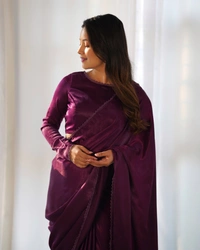 Azorte Fashion Premium Marble Velvet Pre-Draped Saree with Stitched Blouse – Elegant & Ready to Wear - Cocoa Bean, L (40), Stitched Blouse