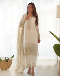 Azorte Fashion Buy Pure Chinon Silk Kurta Set with Embroidered Dupatta – Elegant & Ready to Wear - White, XS (34)