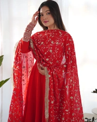 Azorte Fashion Luxury Georgette Anarkali Gown with Dupatta & Pant | 7+ Meters Flair | Fully Stitched Ethnic Set - Milano Red, L (40)