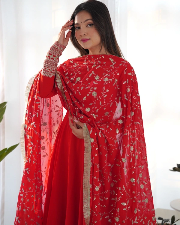 Azorte Fashion Luxury Georgette Anarkali Gown with Dupatta & Pant | 7+ Meters Flair | Fully Stitched Ethnic Set - Milano Red, L (40)