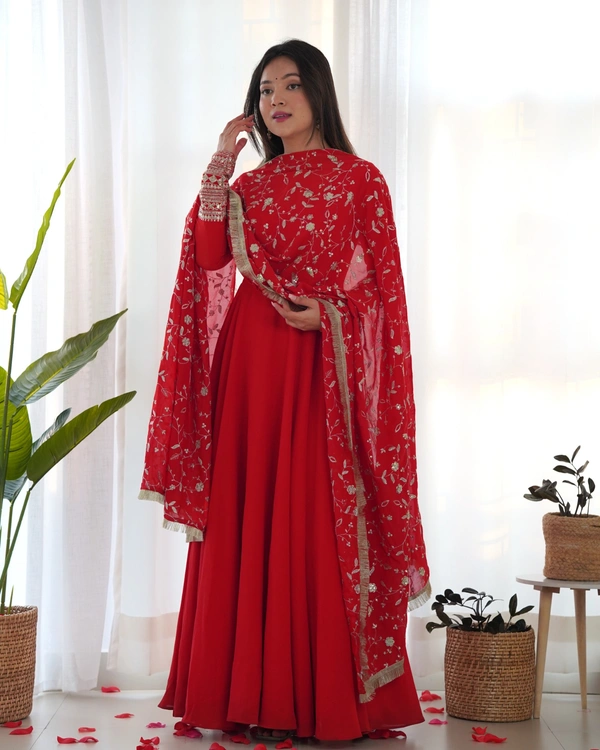 Azorte Fashion Luxury Georgette Anarkali Gown with Dupatta & Pant | 7+ Meters Flair | Fully Stitched Ethnic Set - Milano Red, L (40)