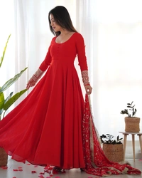 Azorte Fashion Luxury Georgette Anarkali Gown with Dupatta & Pant | 7+ Meters Flair | Fully Stitched Ethnic Set - Milano Red, L (40)