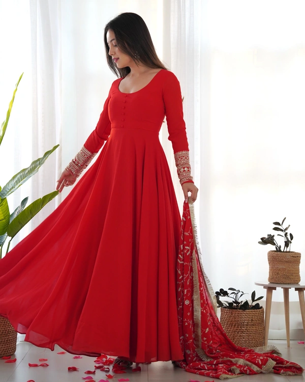 Azorte Fashion Luxury Georgette Anarkali Gown with Dupatta & Pant | 7+ Meters Flair | Fully Stitched Ethnic Set - Milano Red, L (40)