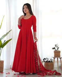 Azorte Fashion Luxury Georgette Anarkali Gown with Dupatta & Pant | 7+ Meters Flair | Fully Stitched Ethnic Set - Milano Red, L (40)
