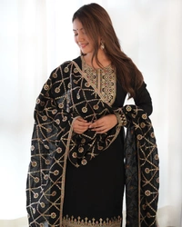 Azorte Fashion Buy Pure Vichitra Silk Kurta Set with Embroidered Dupatta – Elegant & Ready to Wear - Black, XXL (44)