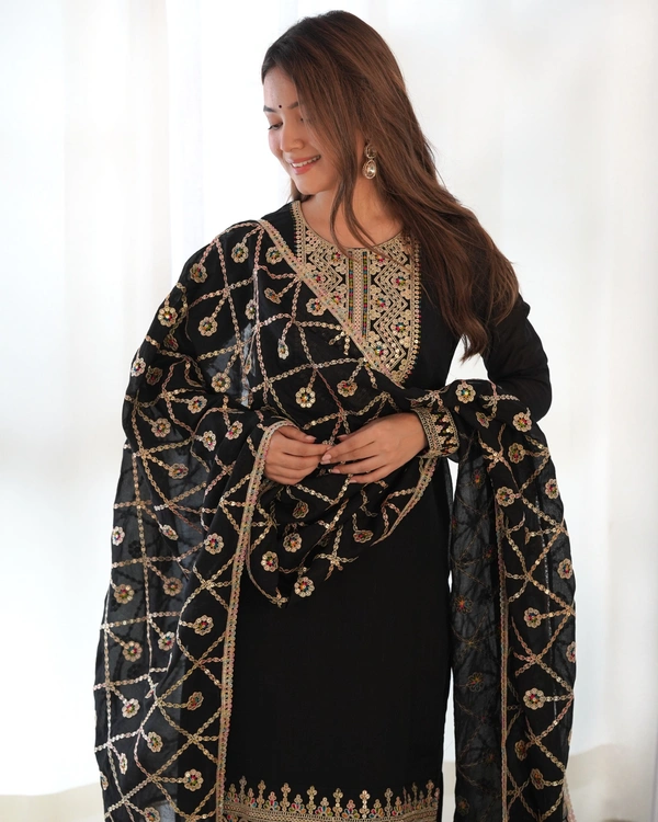 Azorte Fashion Buy Pure Vichitra Silk Kurta Set with Embroidered Dupatta – Elegant & Ready to Wear - Black, XXL (44)