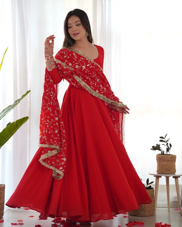 Azorte Fashion Luxury Georgette Anarkali Gown with Dupatta & Pant | 7+ Meters Flair | Fully Stitched Ethnic Set - Milano Red, L (40)